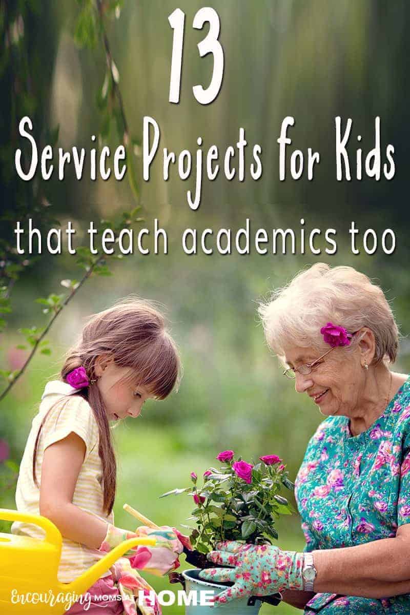 Young girl helps elderly lady plant flowers as one example of a service project for kids.