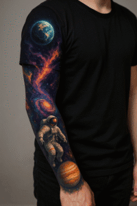 Sleeve Tattoo mit Astronauten und Planeten
