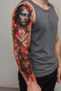 Trash Polka Sleeve Tattoo in Schwarz und Rot mit Porträt und Geometrie