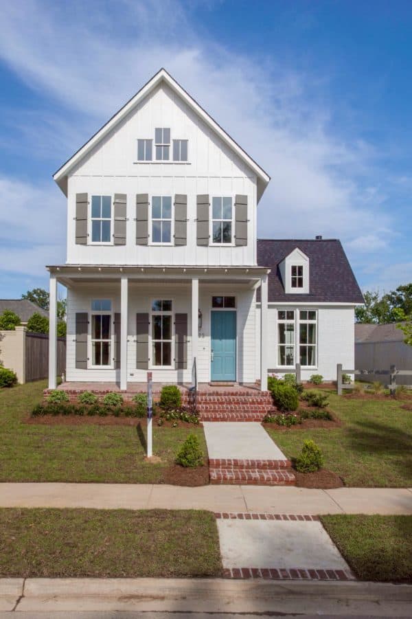 jamestown blue front door color adds the fun to muted tan farmhouse