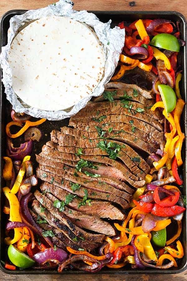 sheet pan steak fajitas with flour tortillas