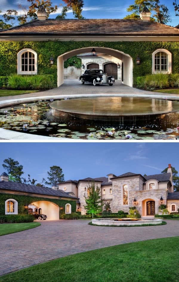 build a grand porte-cochere with wall shrubs as the carport for french vibes in front of the house