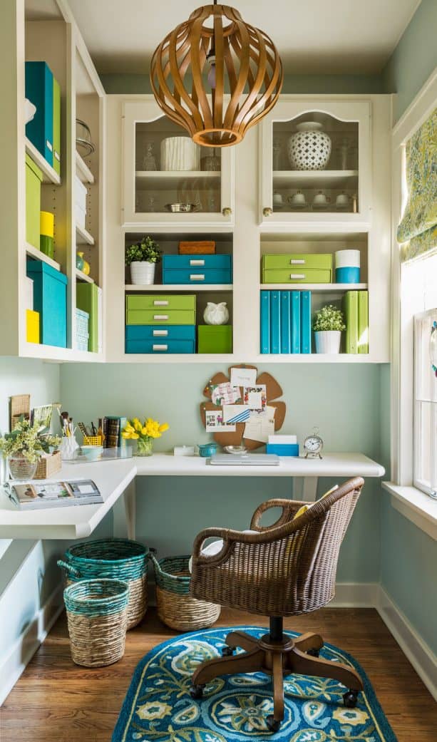 energizing home office with sage green, lime green, and Tosca color scheme