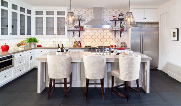 create a dramatic contrast by pairing natural black slate stone floor tile and white cabinets