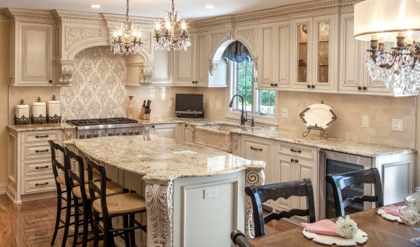 ornate cabinet trim in a white victorian kitchen