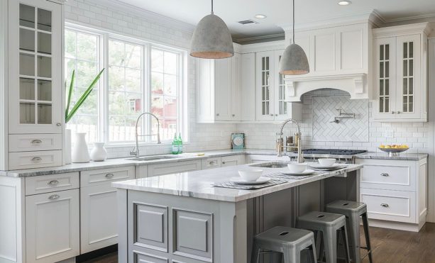 traditional elegance is born when white recessed-panel cabinets combine with glass-front wall cabinetry and a gray island