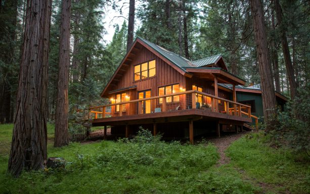 green painted metal log cabin roof