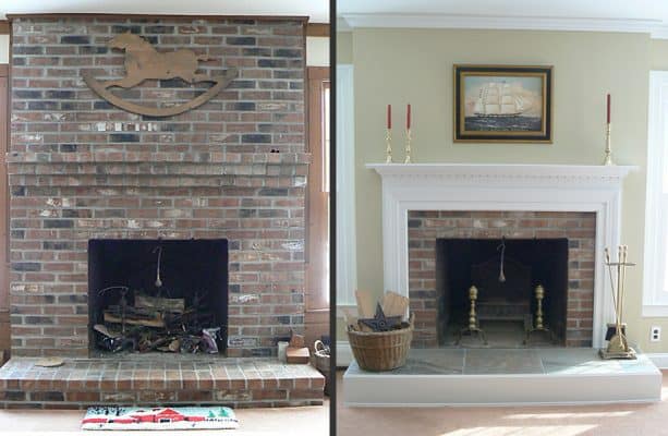 floor to ceiling brick fireplace makeover with new clean white mantel