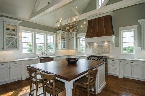 transitional kitchen with greenish grey and medium tone oak floor