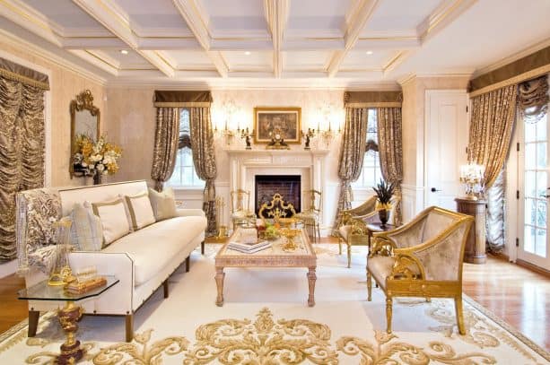 elegant-patterned white and gold rug in a luxurious traditional living room