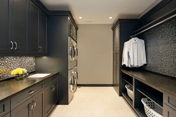 laundry room with black cabinets and beige walls