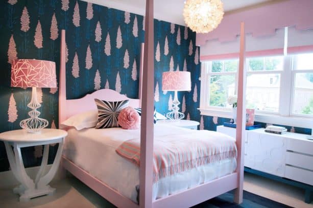 girl's bedroom with navy blue and soft pink theme