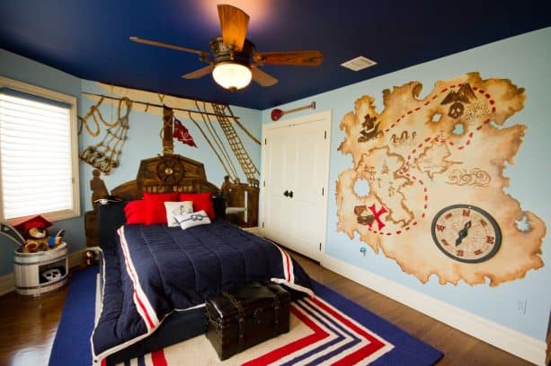 navy blue bedroom with white accents