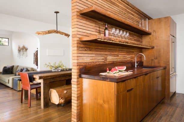 counter to ceiling backsplash from recycled wooden wall framing