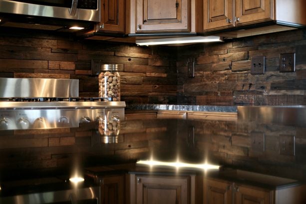 rustic mosaic wooden backsplash