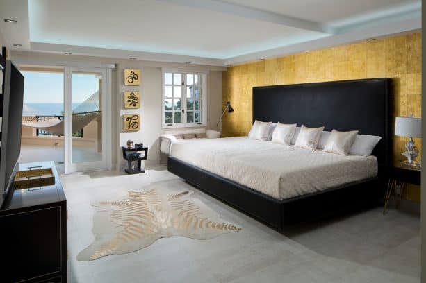 faux white and gold zebra skin in a modern Asian bedroom