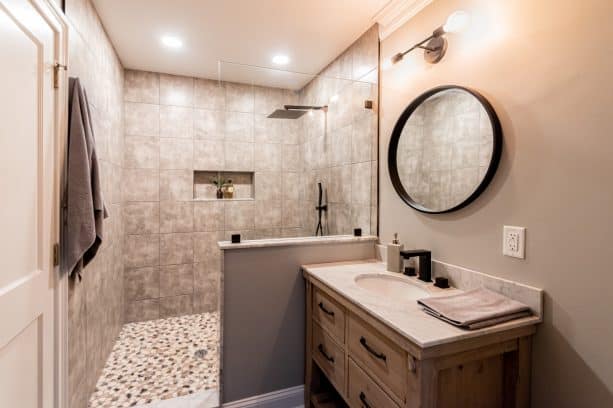 modern man cave bathroom with gray walls