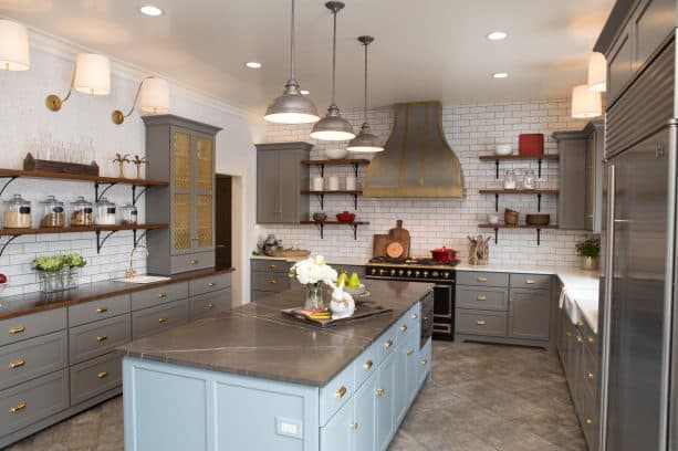 reclaimed oak shelving cabinet with calacatta miel quartz countertops