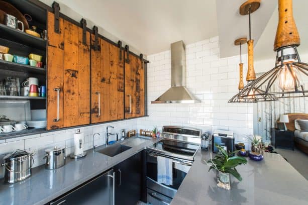 Metal Slide-Out Door for Reclaimed-Wood Kitchen Cabinets 