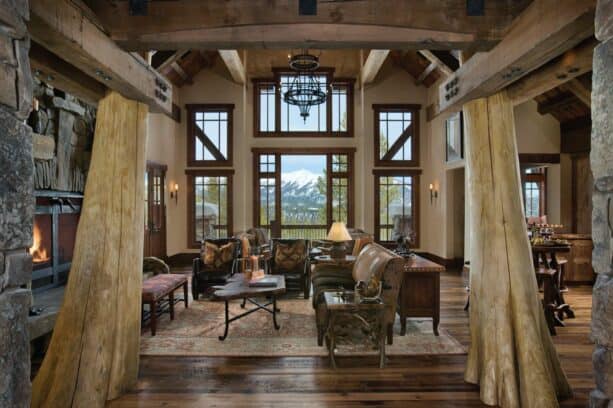 a living room with beige walls deserves rustic knotty alder window trims to frame its windows