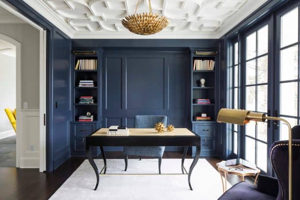 transitional home office with Benjamin Moore Hale Navy HC-154 wall and trim paint color