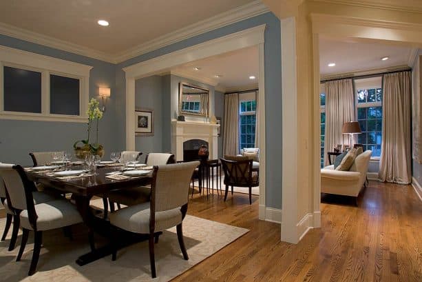 traditional dining room with bluish gray wall and red oak floor