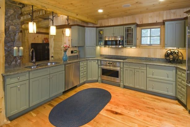 adorable sage green cabinets in a unique designed kitchen