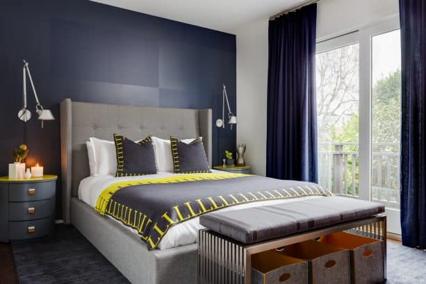 achieve the masculine look by combining blue walls with yellow accents and hints of gray