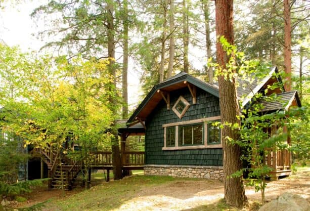 light-colored rustic window trims bring a red cedar exterior closer to nature