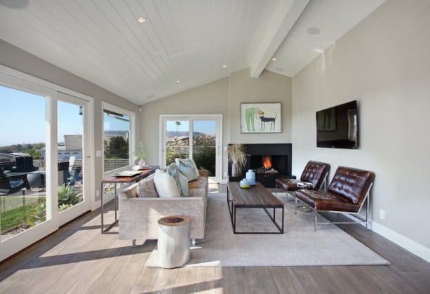 transitional living room with grey wall and engineered French oak floor