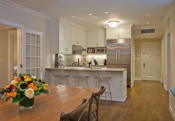 contemporary kitchen with cabinets in Behr Antique White color paint