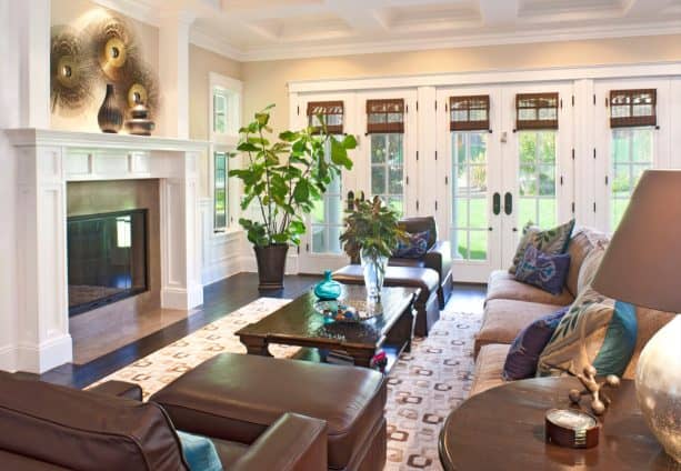 natural woven roman shades for french doors in a family room