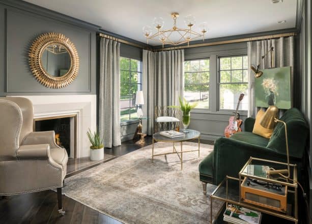 dark wood floor living room in gray + green combination and pop of gold