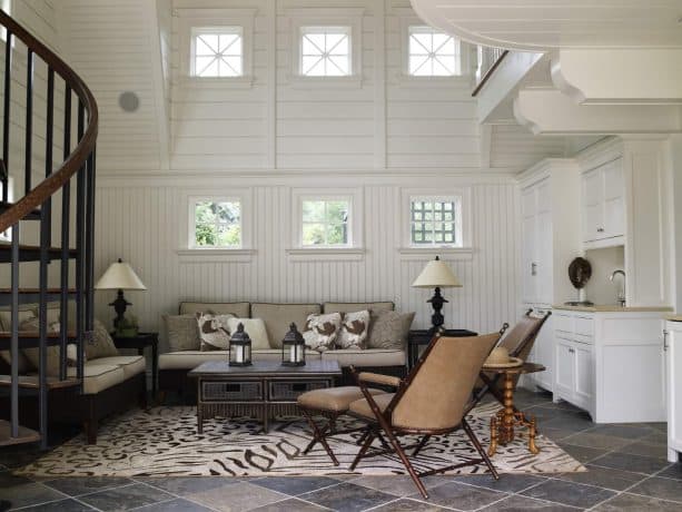 beautiful living room with beadboard walls