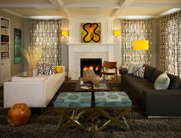 neon yellow wall sconces on a gray wall in a contemporary living room