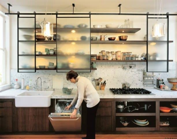 glass sliding kitchen cabinet door in an urban industrial style