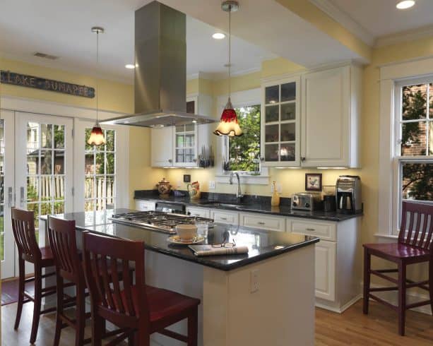 traditional kitchen with white cabinets Sherwin Williams Friendly Yellow wall paint color