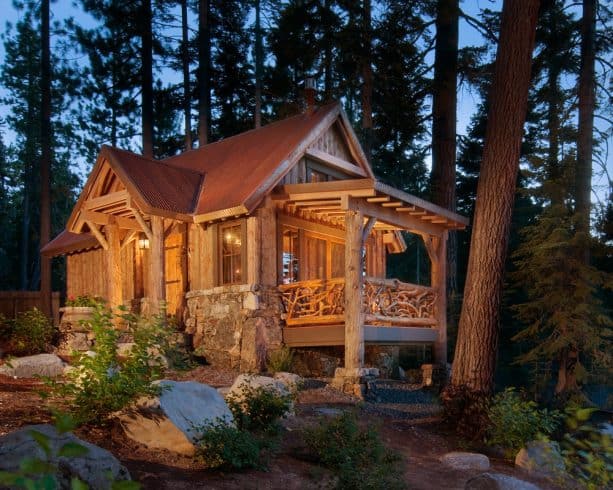 rusty-colored cor-ten gabled roof of a log cabin