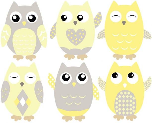 Sunny Decals owl fabric wall decals in grey and yellow