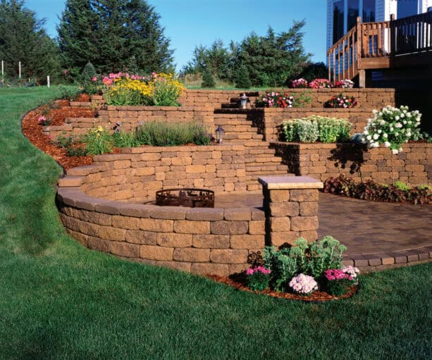 a combination of corners, columns, stairs, and tiered retaining wall