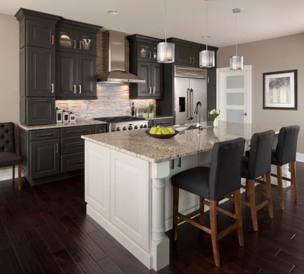 transitional kitchen with handscraped hardwood floor and greige wall paint