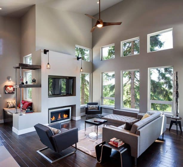 airy contemporary room with grey walls and hand-scrapped engineered birch wood floor