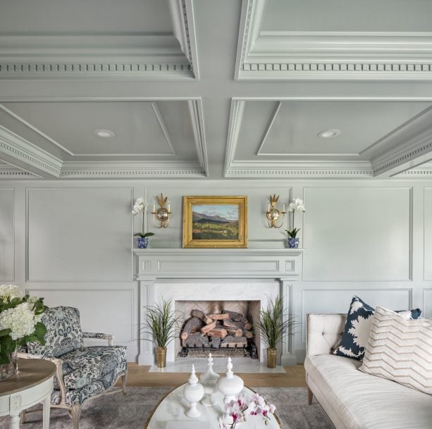 elegant formal living room with gray walls and a gold accent