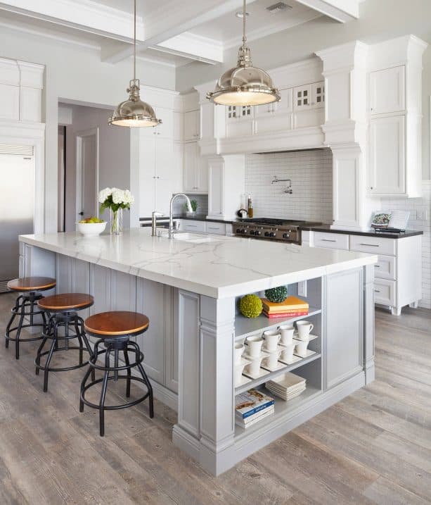 traditional kitchen with white kitchen cabinets and light gray wall paint color