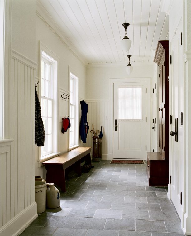 entryway with beadboard paneling on wall and ceiling