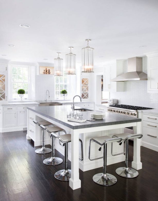 transitional kitchen with white cabinets and bright white wall paint