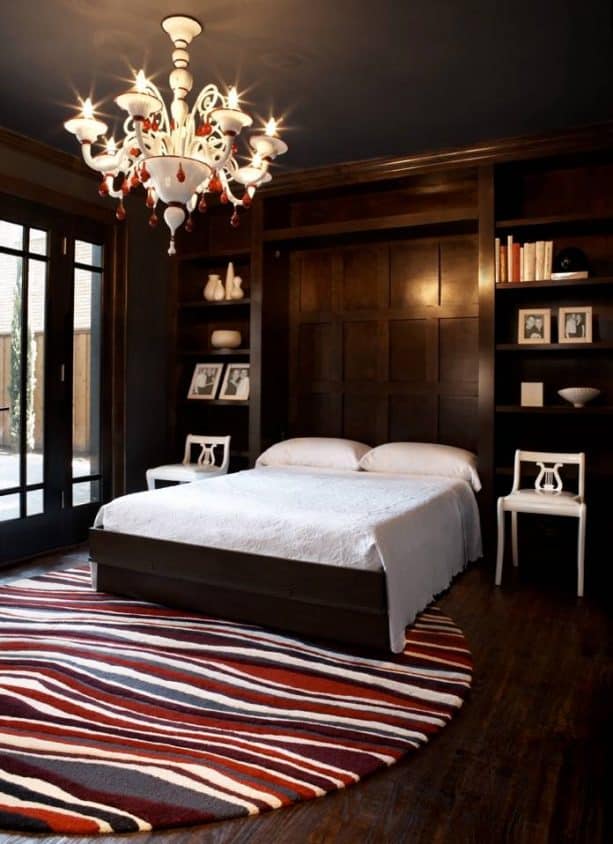 contemporary bedroom with black wall and trim paint color