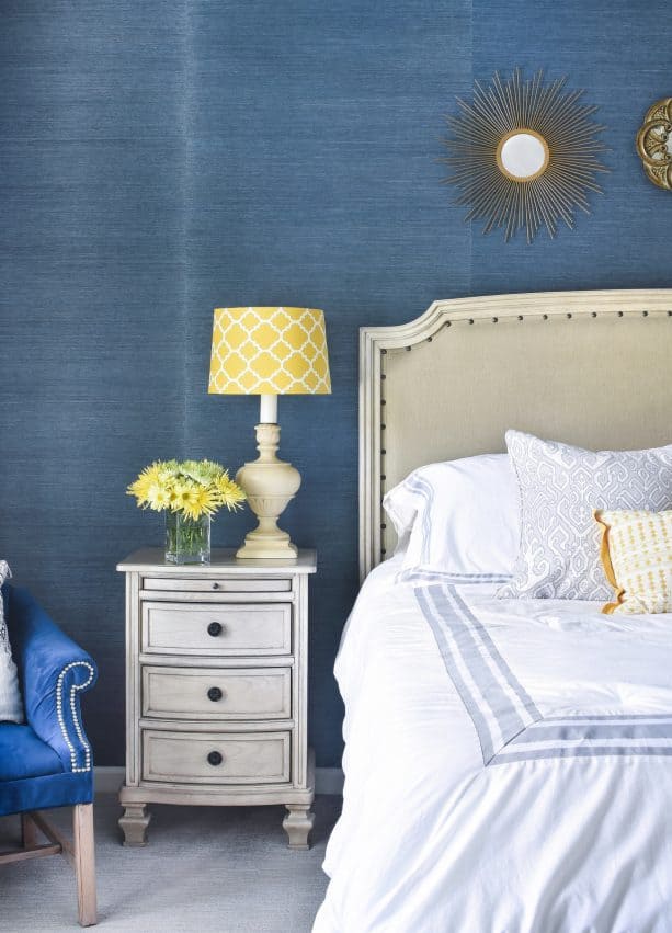 make a big statement with navy grasscloth and yellow accents