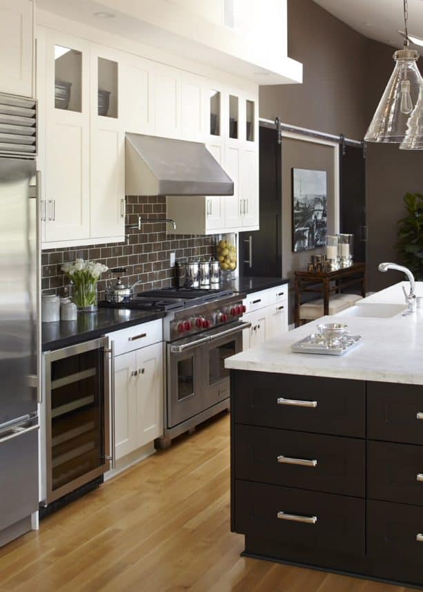 transitional kitchen with white cabinets and chocolate brown Benjamin Moore Woodcliff Lake wall paint color