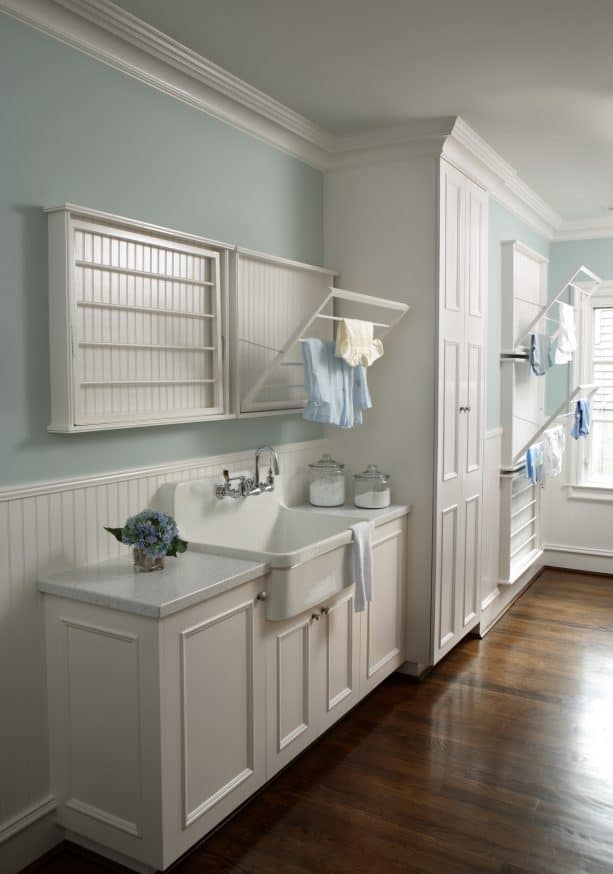 white and pale aqua laundry room